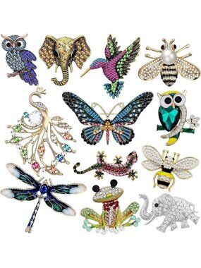 12 Pcs Vintage Rhinestone Brooch Set | Crystal Pins for Weddings & Gifts